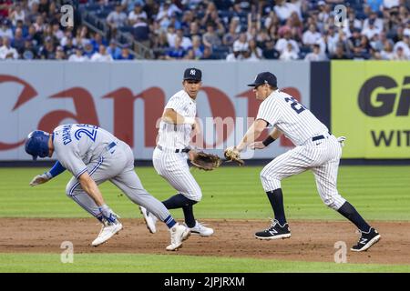 New York Yankees' Oswaldo Cabrera (95) reacts during the second inning of  the team's baseball game against the Toronto Blue Jays on Friday, Aug. 19,  2022, in New York. (AP Photo/Adam Hunger