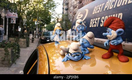 SMURFETTE, GUTSY, CLUMSY, BRAINY, PAPA SMURF, THE SMURFS, 2011 Stock Photo