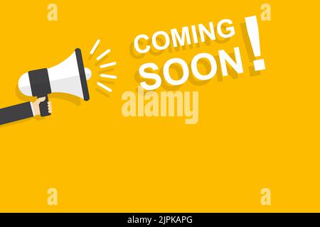 hand holding megaphone with coming soon speech bubble banner vector with copy space for business, marketing, flyers, banners, presentations, and poste Stock Vector