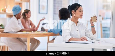 Casual, creative and digital marketing agency businesswoman working in modern office, with colleagues. Professional female manager of advertising Stock Photo