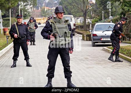 Riot police on the street during political demonstration, Tirana, Albania Stock Photo