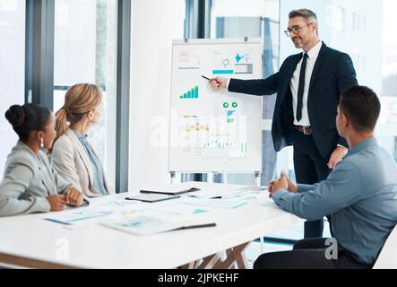 Presentation, training and workshop with a senior manager, leader or CEO coaching and teaching staff during a meeting in the boardroom. Boss talking Stock Photo