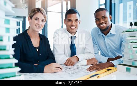 Industrial design, development and diverse engineers working on an innovative project as a team. Portrait of multiracial, expert and professional Stock Photo