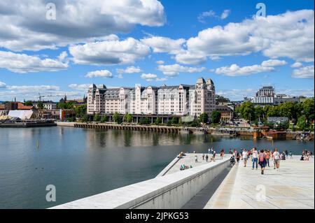 OSLO, NORWAY – JULY 10, 2022: Oslo, view of Oslo Havnelager building from the National Opera House Stock Photo