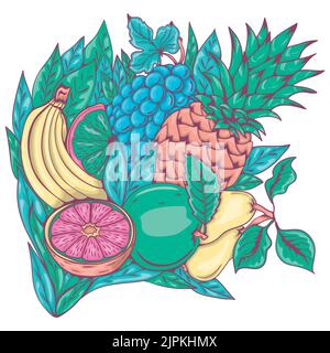 Fruit cocktail. Set of tropical fruits on a background of green leaves. Bouquet of fruits. Stock Vector