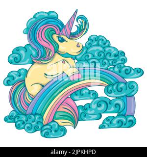 Unicorn in the clouds on the rainbow. Fun mood. Fairy tale illustration. Stock Vector