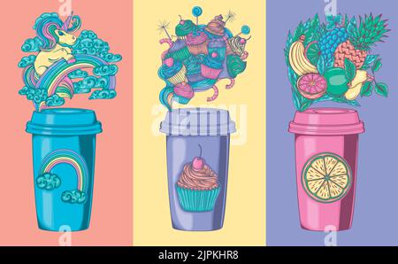 Unicorn coffee. Rainbow Flavored Coffee. Cakes coffee. Sweet mood coffee. Fruity coffee. Set illustrations of a coffee cup with sweet components. Colo Stock Vector