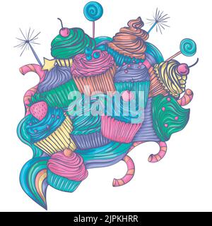 Cupcakes and lollipops with different flavors in a bouquet. Muffins set. Sweet mood. Stock Vector