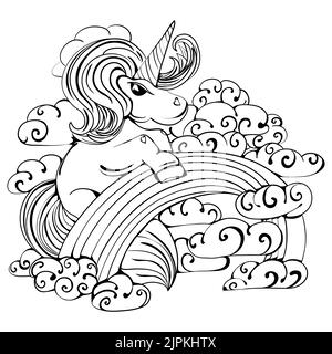 Unicorn in the clouds on the rainbow. Fun mood. Fairy tale illustration. Black illustration. Stock Vector