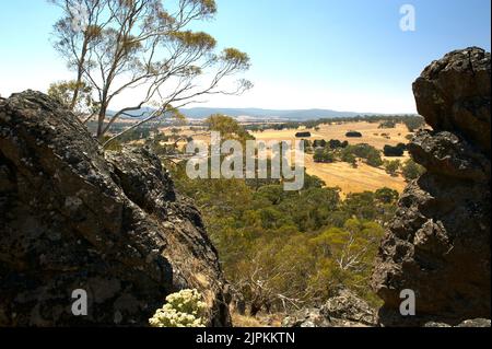 Mount Diogenes (Hanging Rock) provides lots of rocky views, of the mountain, and the surrounding countryside. The rocks are trachyte, a kind of lava. Stock Photo