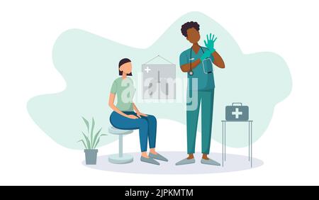 the doctor puts on gloves with the patient next to the wall a poster depicting the lungs a girl patient sits on a stool next to a flower in a pot Stock Vector
