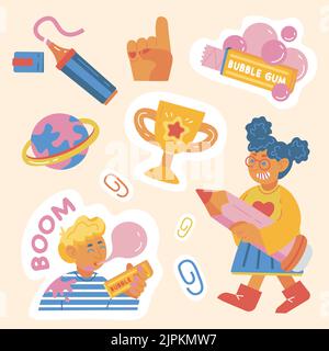 school themed sticker set girl with pencil marker chewing gum planet Stock Vector