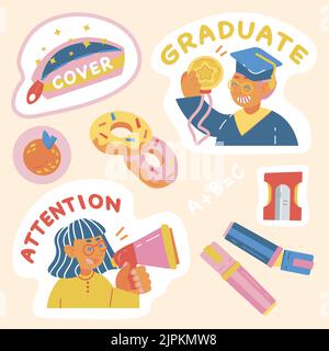 school themed sticker set girl attention graduate markers Stock Vector