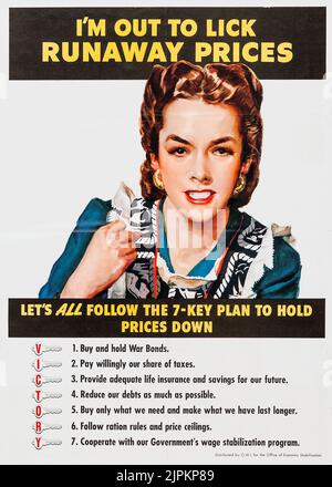World War II Propaganda (U.S. Government Printing Office, 1943). Office of Economic Stabilization Poster. 7 key plan to hold prices down. Stock Photo
