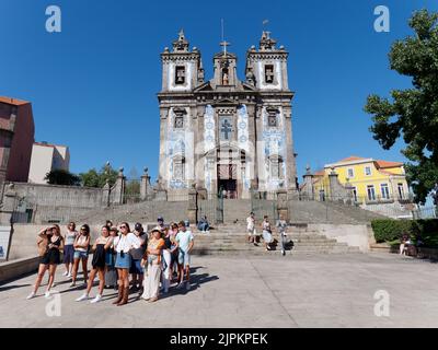 Igreja de Santo Ildefonso aka Church of Saint Ildefonso. The blue and white tiles called Azulejos depict historical events. Porto, Portugal. Stock Photo