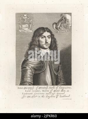 James Graham, 1st Marquess of Montrose, Scottish poet and soldier, 1612-1650. The Great Montrose, Earl of Kingcairne, Lt. Governour and Captain General in the Kingdom of Scotland. With long hair, collar, suit of armour, coat of arms and crest with gauntlet and hedgehog. From the rare print by Adriaen Jacobz Matham. Copperplate engraving from Samuel Woodburn’s Gallery of Rare Portraits Consisting of Original Plates, George Jones, 102 St Martin’s Lane, London, 1816. Stock Photo