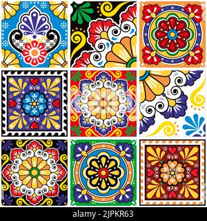 Mexican talavera style tile vector seamless pattern collection, decorative tiles with flowers, swirls in vibrant colors inspired by folk art from Mexi Stock Vector