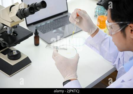 Handsome young Asian male scientist or medical researcher adjust specimen in a Petri dish in the laboratory. close-up image Stock Photo