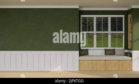 Modern vintage contemporary green living room interior design with comfortable window seat with pillows, empty space against the green wall. 3d render Stock Photo