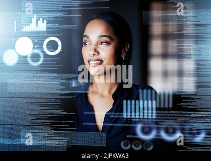 Digital, analytics and business of a woman working with big data, logistics and UX at the office at night. Futuristic, leader and designer in digital Stock Photo