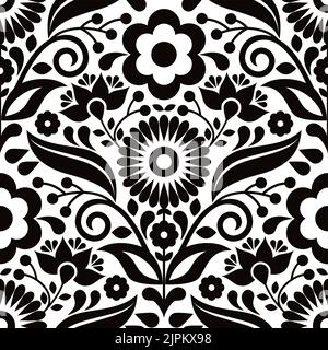 Mexican folk art seamless vector pattern with flowers and leaves, textile or fabric print design inspired by traditional embroidery crafts from Mexico Stock Vector