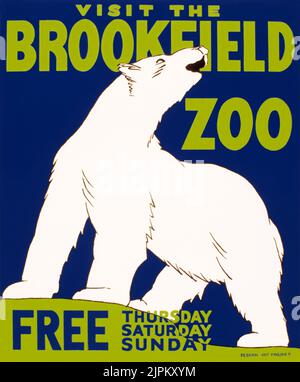 Visit the Brookfield Zoo, WPA-poster, 1936 - feat a polar bear - Vintage poster Stock Photo