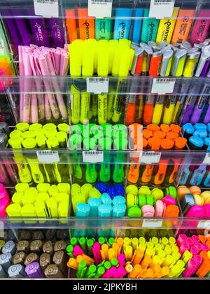 Istanbul - Turkey, 08.19.2022; Highlighter marker of various manufacturers on shelves in shop. Back To School Stationery Shopping Store concept. Buy Stock Photo