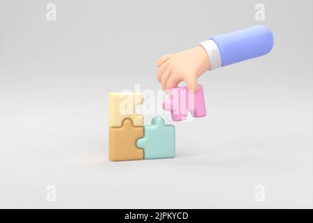 3d cartoon hands connecting jigsaw puzzle. Symbol of teamwork, cooperation, partnership, Problem-solving, business concept. minimal style. 3d renderin Stock Photo