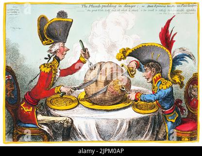 The Plumb-pudding in danger, or, State epicures taking un petit souper. Gillray, James, engraver / created by London : H. Humphrey, 1805. William Pitt, wearing a regimental uniform and hat, sitting at a table with Napoleon. They are each carving a large plum pudding on which is a map of the world. Pitt's slice is considerably larger than Napoleon's. Hand-colored etching. Stock Photo
