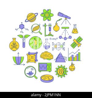 Science round poster in colored line style. Banner with scientific symbols. Vector illustration. Stock Vector