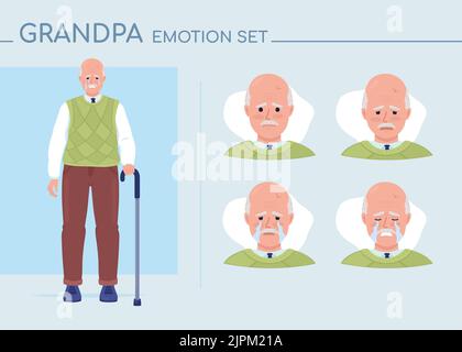 Sad senior man semi flat color character emotions set Stock Vector
