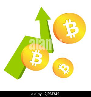 Crypto market going up. Cryptocurrency price increase, crypto price spike and pick up. Crypto uptrend in market. Bitcoins and green up arrow. Stock Vector