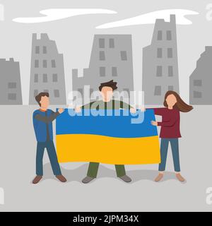 Ukrainian people with a Ukrainian flag in a ruined city. Stand with Ukraine. Vector flat illustration. Stock Vector