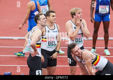 Munchen, Germany. 19th Aug, 2022. belgian falcons pictured after the men 4x100m relay heat on the ninth day of the Athletics European Championships, at Munich 2022, Germany, on Friday 19 August 2022. The second edition of the European Championships takes place from 11 to 22 August and features nine sports. BELGA PHOTO BENOIT DOPPAGNE Credit: Belga News Agency/Alamy Live News Stock Photo