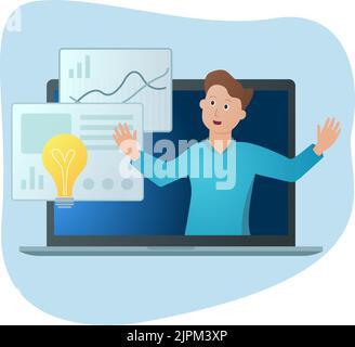 Presenter in online webinar, presentation. Men performing in front of the laptop camera, remote activities, stay at home, business presentation, video streaming, video conferencing and communication. Stock Vector