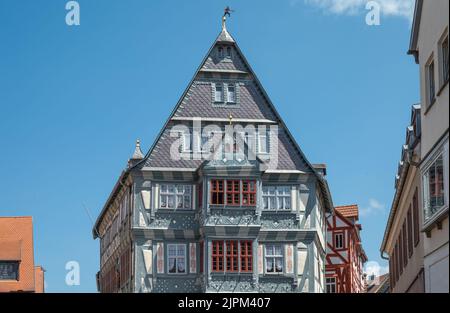 Miltenberg, Germany - July 18, 2021: View of the Giant Inn  facade (the oldest tavern in Germany) Stock Photo