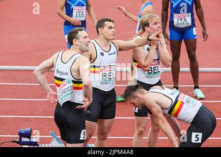 Munchen, Germany. 19th Aug, 2022. Belgian falcons pictured after the men 4x100m relay heat on the ninth day of the Athletics European Championships, at Munich 2022, Germany, on Friday 19 August 2022. The second edition of the European Championships takes place from 11 to 22 August and features nine sports. BELGA PHOTO BENOIT DOPPAGNE Credit: Belga News Agency/Alamy Live News Stock Photo