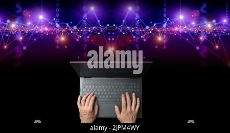 Big data technology background. Using a laptop against the background of visualization of a computer internet network, social connection, analytics, information. High quality photo Stock Photo
