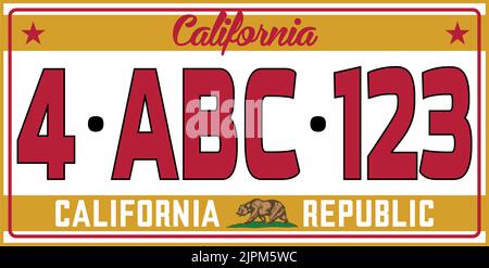 Vehicle license plates marking in California in United States of America, Car plates. Vehicle license numbers of different American states. Vintage pr Stock Vector