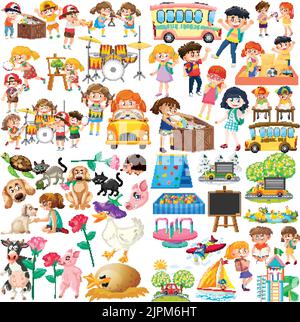 Set of different cute kids and objects illustration Stock Vector