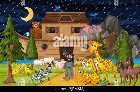 Forest scene with Noah's ark with animals illustration Stock Vector