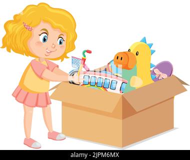 A girl putting her toy into the box illustration Stock Vector