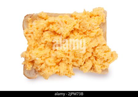 Studio shot of scrambled eggs on toast cut out against a white background - John Gollop Stock Photo