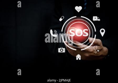 Painless emergency communication service symbols and mobile phones with the application to call an ambulance to pick up medicines and go to the hospit Stock Photo