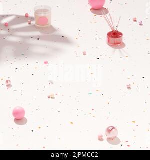 An aesthetic background with aromatic candles and reed diffusers decorated with confetti with a pink accent on a white surface Stock Photo