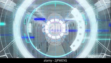 Image of scope scanning and biometric fingerprint over computer servers in background Stock Photo
