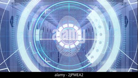 Image of scope scanning and biometric fingerprint over computer servers in background Stock Photo
