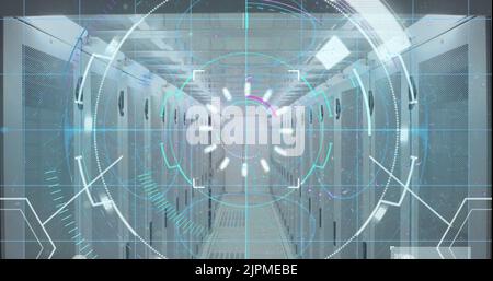 Image of scope scanning and biometric fingerprint over computer servers in background Stock Photo
