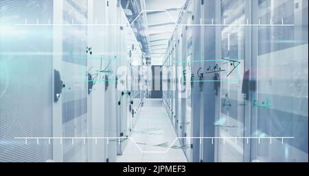 Mathematical equations and molecular structures against empty server room Stock Photo