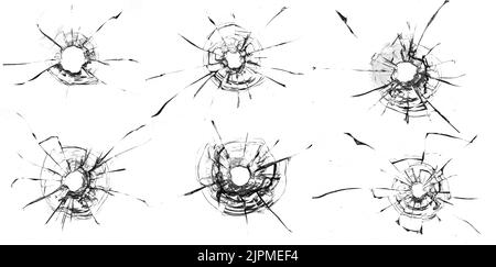 bullet holes in glass isolated on white background Stock Photo